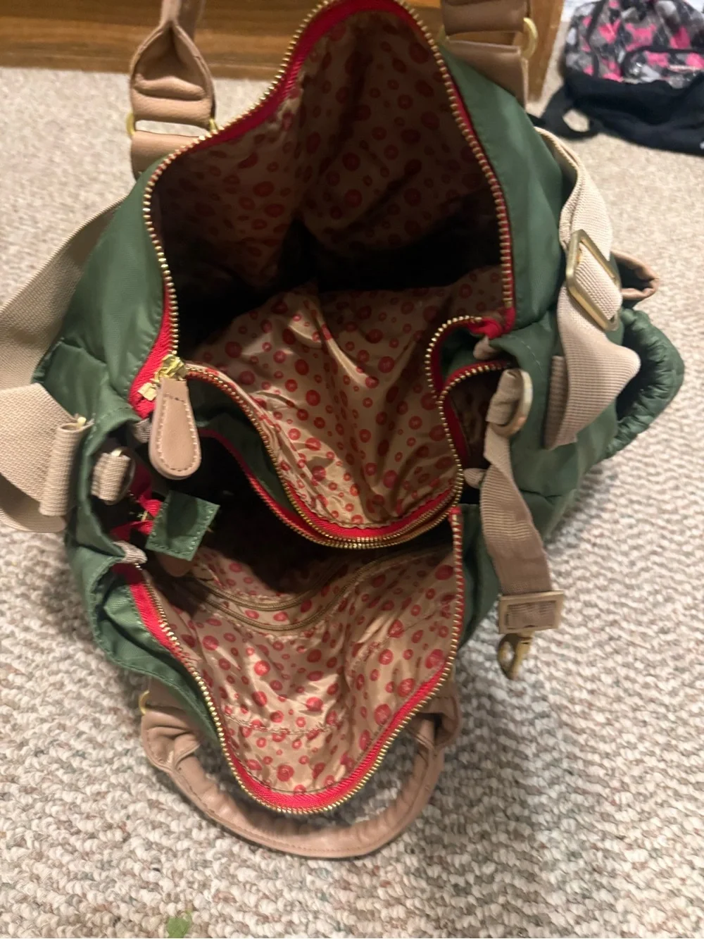 Green Quilted Diaper Bag with Tan Trim